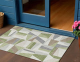 3' X 5' Artichoke Green Ivory And Taupe Geometric Washable Indoor Outdoor Area Rug