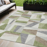 5' X 8' Artichoke Green Ivory And Taupe Geometric Washable Indoor Outdoor Area Rug