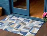 3' X 5' Blue Wheat And Ivory Geometric Washable Indoor Outdoor Area Rug