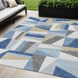 5' X 8' Blue Wheat And Ivory Geometric Washable Indoor Outdoor Area Rug