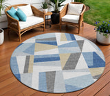 8' Blue Wheat And Ivory Round Geometric Washable Indoor Outdoor Area Rug