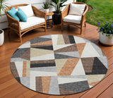 8' Gray Brown And White Round Geometric Washable Indoor Outdoor Area Rug