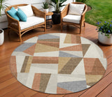 8' Chili Red Beige And Gray Round Geometric Washable Indoor Outdoor Area Rug