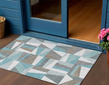 3' X 5' Teal Blue Ivory And Gray Geometric Washable Indoor Outdoor Area Rug