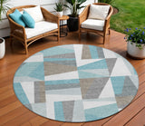8' Teal Blue Ivory And Gray Round Geometric Washable Indoor Outdoor Area Rug