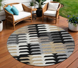 8' Black White And Wheat Round Geometric Washable Indoor Outdoor Area Rug