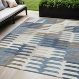 5' X 8' Denim Blue Beige And Ivory Geometric Washable Indoor Outdoor Area Rug