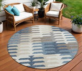 8' Denim Blue Beige And Ivory Round Geometric Washable Indoor Outdoor Area Rug