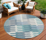 8' Teal Blue Ivory And Gray Round Geometric Washable Indoor Outdoor Area Rug