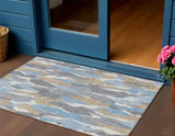 3' X 5' Denim Blue Khaki And Ivory Striped Washable Indoor Outdoor Area Rug