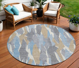 8' Denim Blue Khaki And Ivory Round Striped Washable Indoor Outdoor Area Rug
