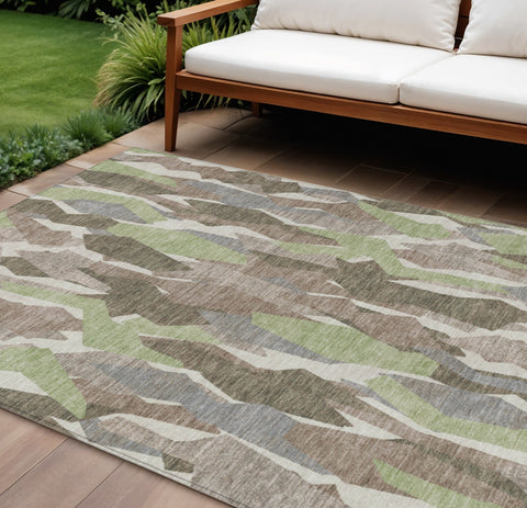 8' X 10' Coffee Fern Green And Khaki Striped Washable Indoor Outdoor Area Rug