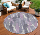 8' Purple Gray And Ivory Round Striped Washable Indoor Outdoor Area Rug