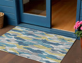 3' X 5' Teal Blue Yellow And Ivory Striped Washable Indoor Outdoor Area Rug