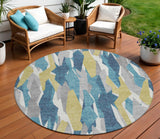 8' Teal Blue Yellow And Ivory Round Striped Washable Indoor Outdoor Area Rug