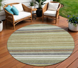 8' Artichoke Green Pewter And Ivory Round Striped Washable Indoor Outdoor Area Rug