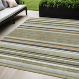 5' X 8' Olive Green Copper And Ivory Striped Washable Indoor Outdoor Area Rug