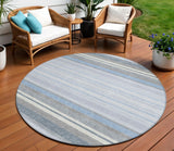 8' Sky Blue And Ivory Round Striped Washable Indoor Outdoor Area Rug