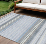 8' X 10' Sky Blue And Ivory Striped Washable Indoor Outdoor Area Rug