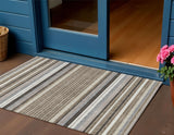 3' X 5' Taupe Ivory And Brown Striped Washable Indoor Outdoor Area Rug