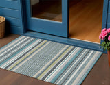3' X 5' Teal Blue Gray And Ivory Striped Washable Indoor Outdoor Area Rug