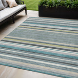 5' X 8' Teal Blue Gray And Ivory Striped Washable Indoor Outdoor Area Rug