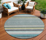 8' Teal Blue Gray And Ivory Round Striped Washable Indoor Outdoor Area Rug