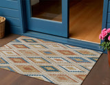 3' X 5' Beige Blue And Terra Cotta Geometric Washable Indoor Outdoor Area Rug