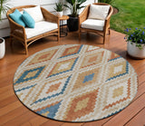 8' Beige Blue And Terra Cotta Round Geometric Washable Indoor Outdoor Area Rug