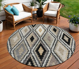 8' Black Ivory And Beige Round Geometric Washable Indoor Outdoor Area Rug