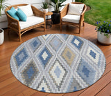 8' Denim Blue Gray And Ivory Round Geometric Washable Indoor Outdoor Area Rug