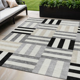 5' X 8' Black Beige And Ivory Geometric Washable Indoor Outdoor Area Rug
