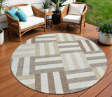 8' Ivory Gray And Brown Round Geometric Washable Indoor Outdoor Area Rug