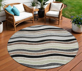 8' Black Pewter And Ivory Round Striped Washable Indoor Outdoor Area Rug
