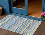 3' X 5' Blue Ivory And Gold Striped Washable Indoor Outdoor Area Rug