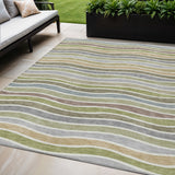 5' X 8' Fern Green Ivory And Wheat Striped Washable Indoor Outdoor Area Rug