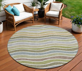 8' Fern Green Ivory And Wheat Round Striped Washable Indoor Outdoor Area Rug