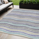 5' X 8' Lavender Tan And Ivory Striped Washable Indoor Outdoor Area Rug