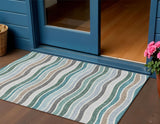 3' X 5' Teal Blue Khaki And Ivory Striped Washable Indoor Outdoor Area Rug