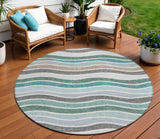 8' Teal Blue Khaki And Ivory Round Striped Washable Indoor Outdoor Area Rug