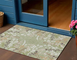 3' X 5' Artichoke Green Wheat And Ivory Floral Washable Indoor Outdoor Area Rug