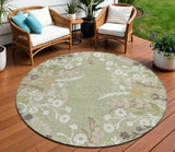 8' Artichoke Green Wheat And Ivory Round Floral Washable Indoor Outdoor Area Rug