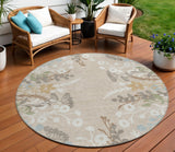 8' Beige Ivory And Blue Round Floral Washable Indoor Outdoor Area Rug