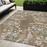 5' X 8' Chocolate Ivory And Blue Floral Washable Indoor Outdoor Area Rug