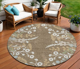 8' Chocolate Ivory And Blue Round Floral Washable Indoor Outdoor Area Rug