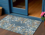 3' X 5' Denim Blue Brown And Beige Floral Washable Indoor Outdoor Area Rug