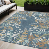 5' X 8' Denim Blue Brown And Beige Floral Washable Indoor Outdoor Area Rug