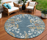 8' Denim Blue Brown And Beige Round Floral Washable Indoor Outdoor Area Rug