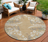 8' Gold Gray And Ivory Round Floral Washable Indoor Outdoor Area Rug