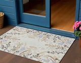3' X 5' Ivory Khaki And Gray Floral Washable Indoor Outdoor Area Rug
